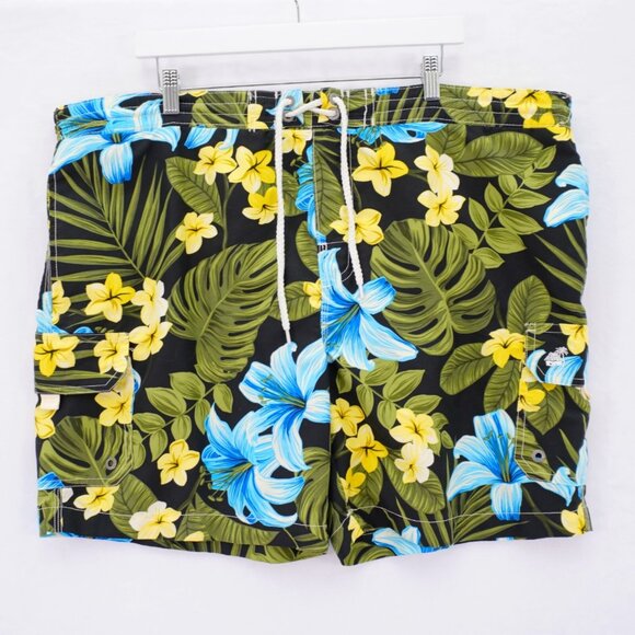 Caribbean Joe Floral Lined Swim Trunks XL 45 / 7.5 High Rise Black Green Yellow - Picture 1 of 7